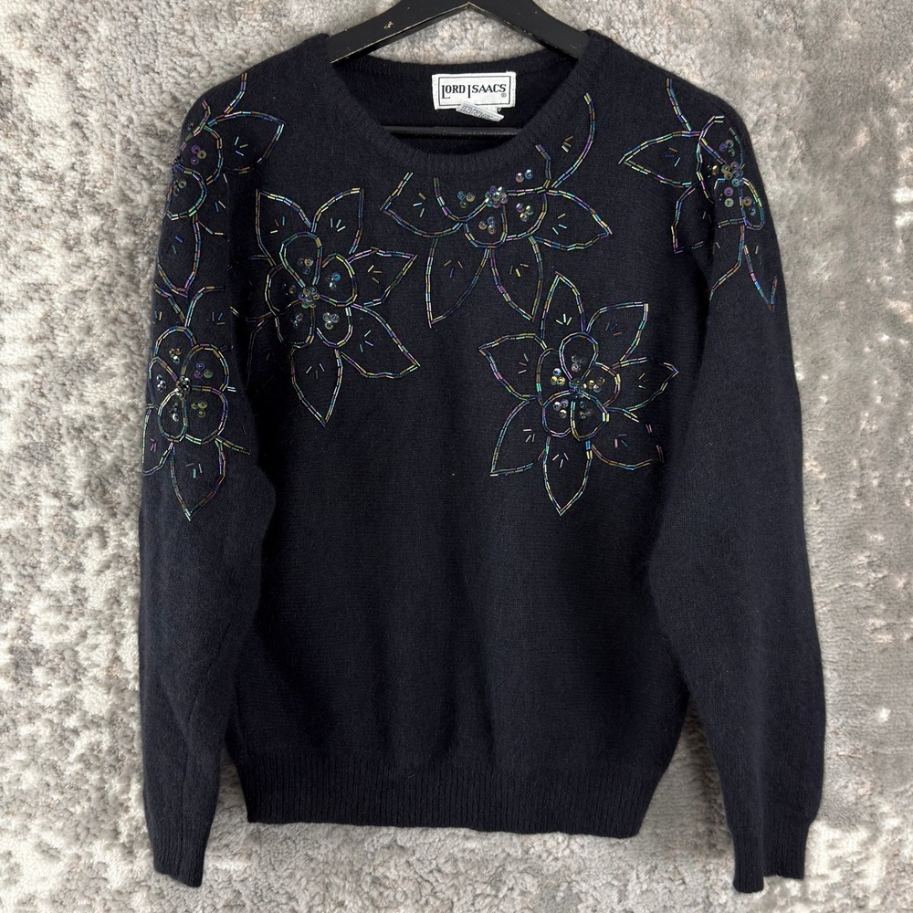 Lord Isaacs Size‎ S Beaded Angora Wool Floral Vintage Sweater Black Womens